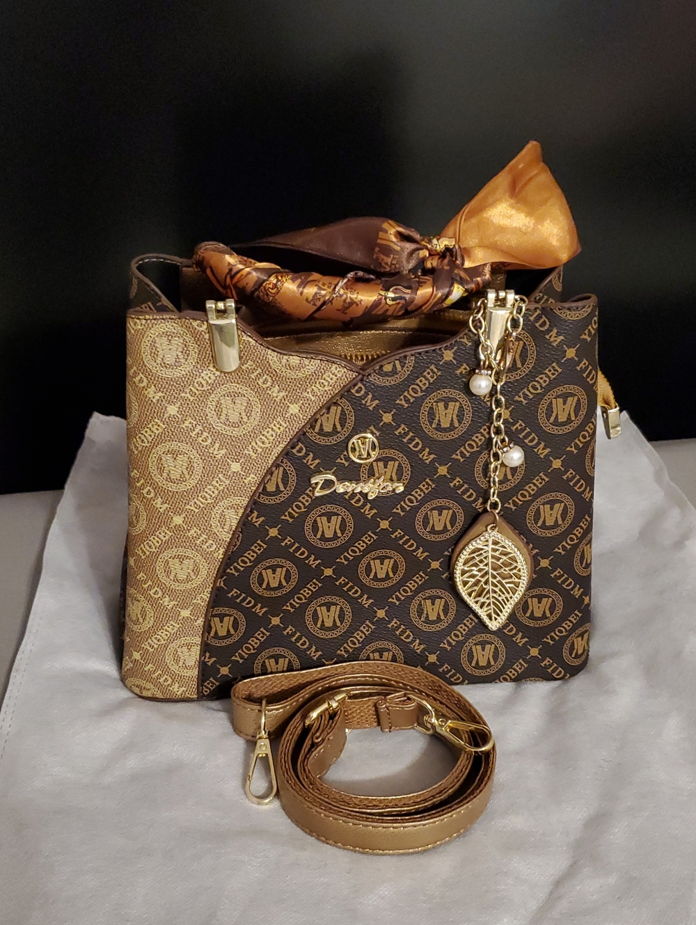 Brown Monogram Structured Satchel Bag with Gold Leaf Charm